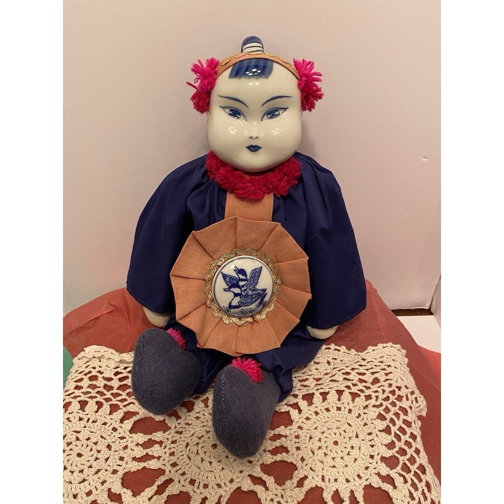 Vintage Asian Blue Delft Porcelain Head Cloth Body Doll Ducks Medallion Large 22